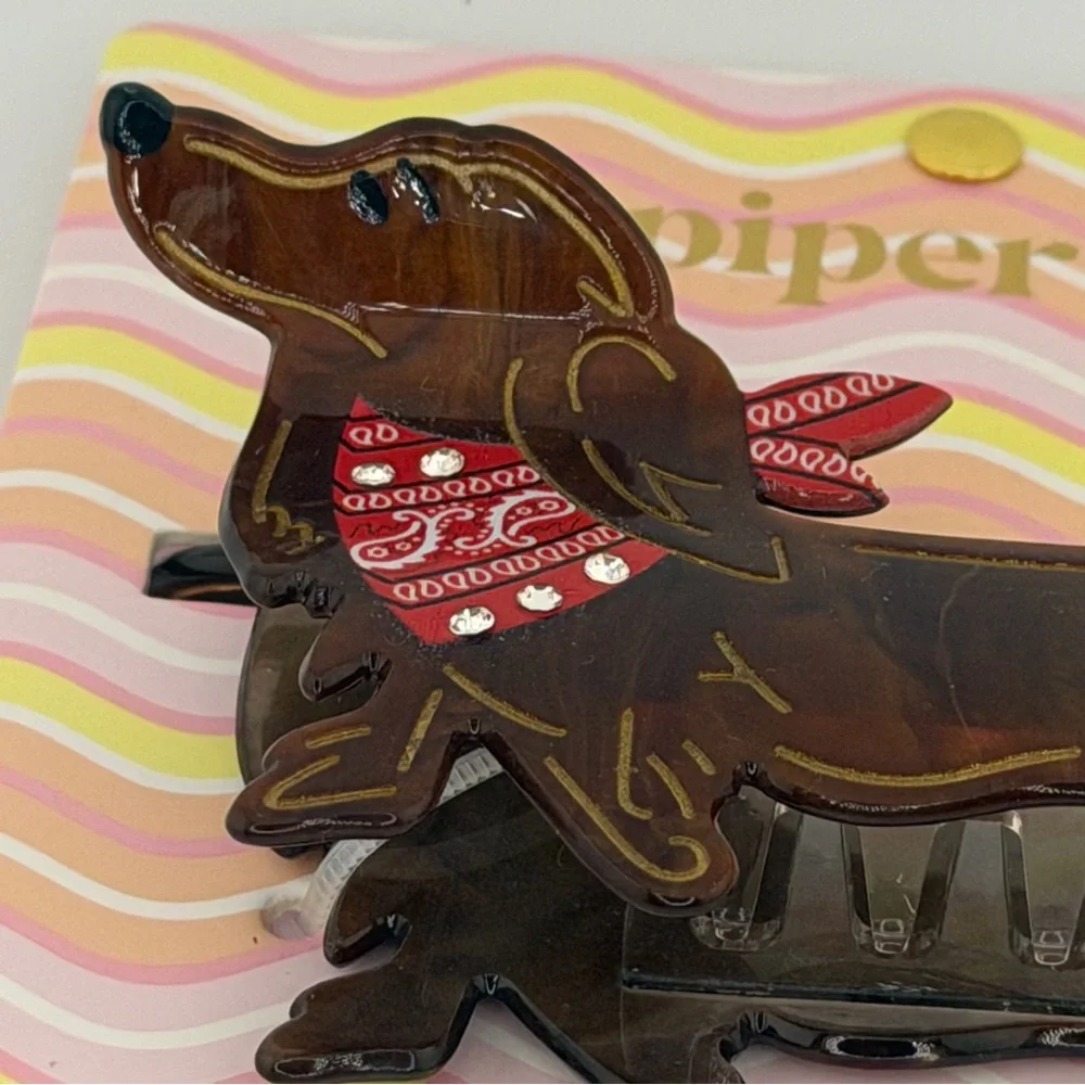 Piper K Dachshund Red Bandanna Hair Claw Clip Brown Red